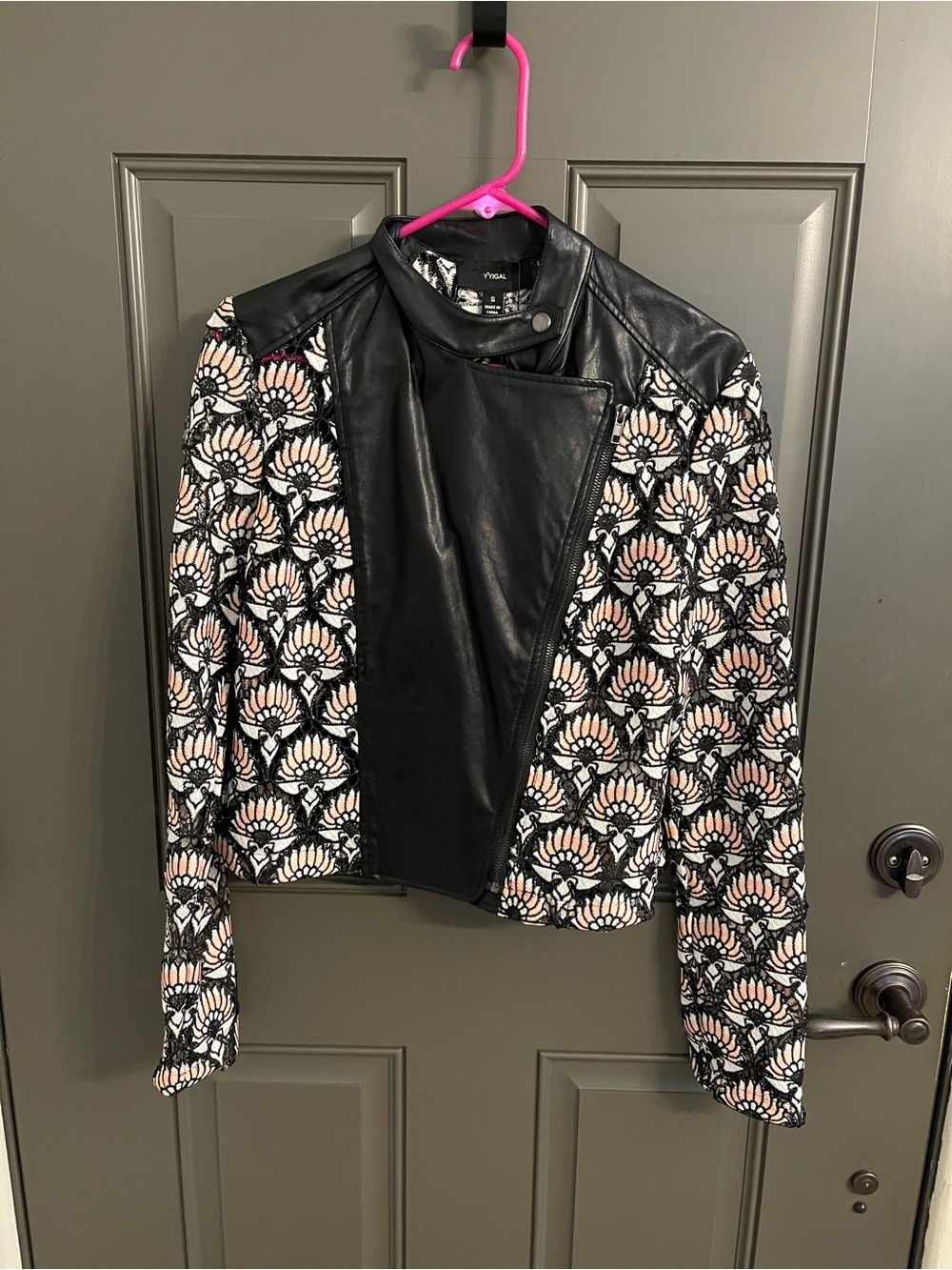 Faux Leather Panel Floral Print Moto Jacket - Black & Blush